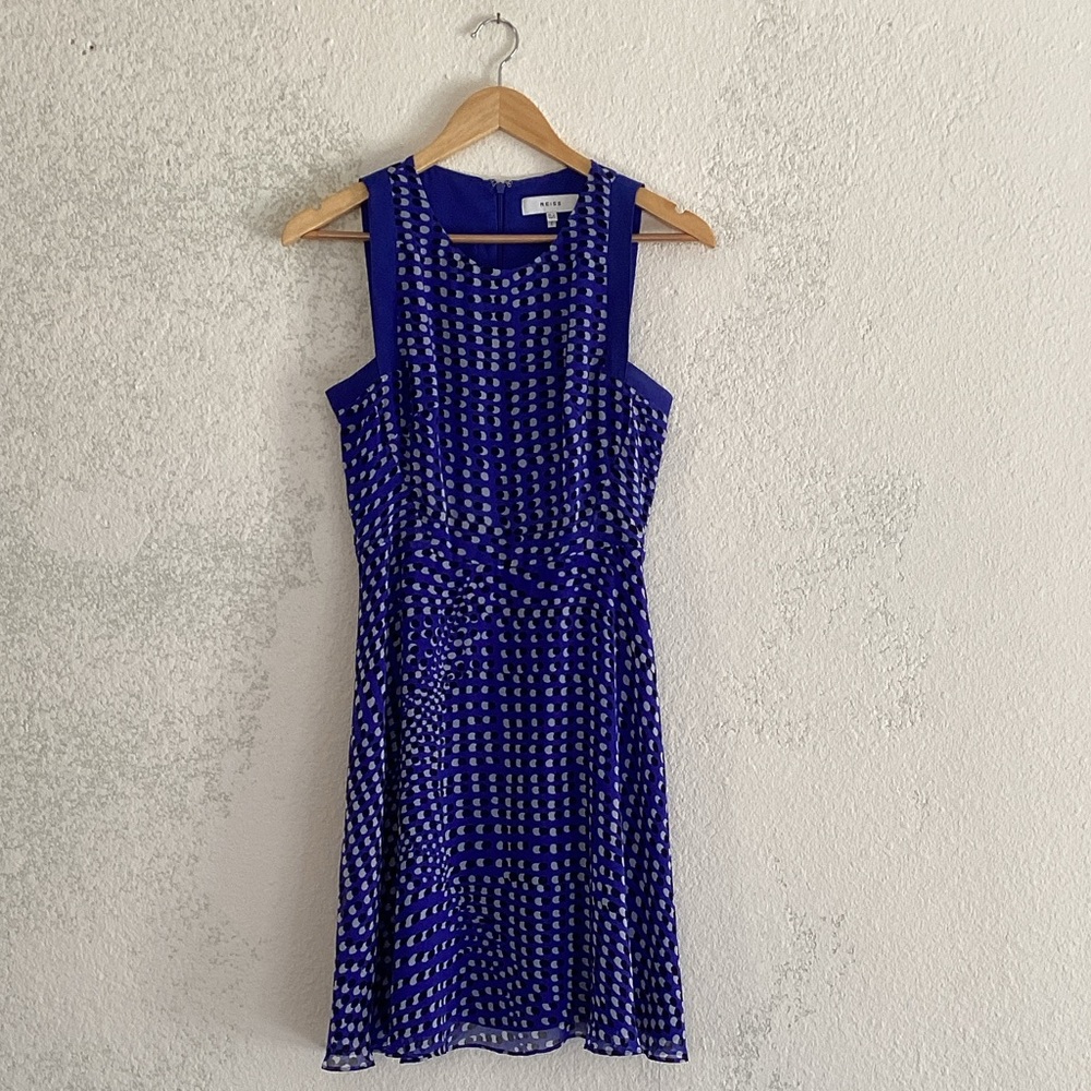 REISS *Nelly Blue and White Dot Patterned Sleeveless Fit Flare Dress Size 4
